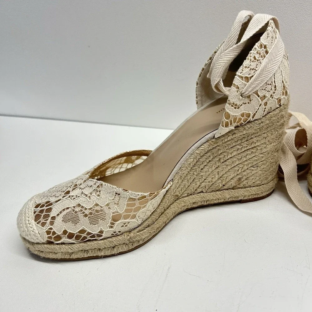 Reformation Camilla Lace Up Wedge Espadrille Cream‎ Lace Size 10.5 Boho Wedding